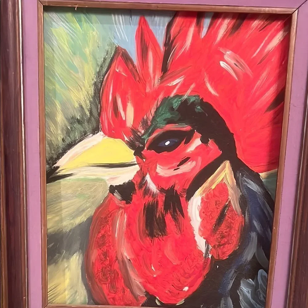 Vibrant Rooster Art Print in Wooden Frame